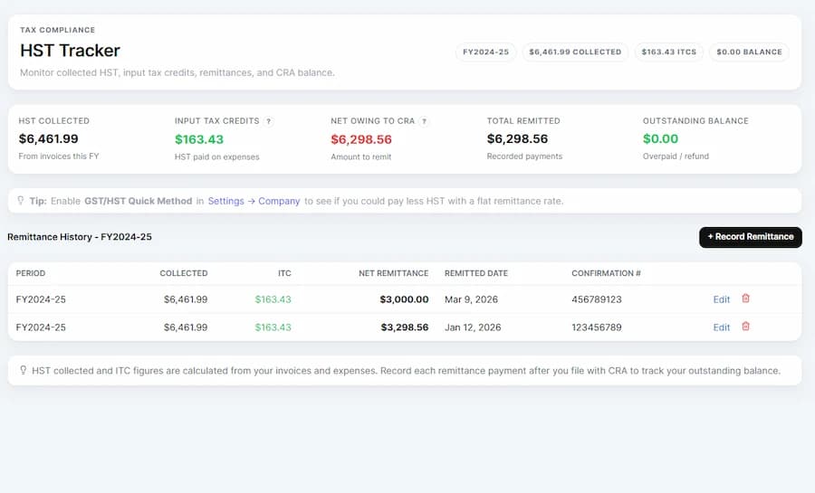 NorthBooks HST tracking page showing collected tax, ITCs, and net remittance