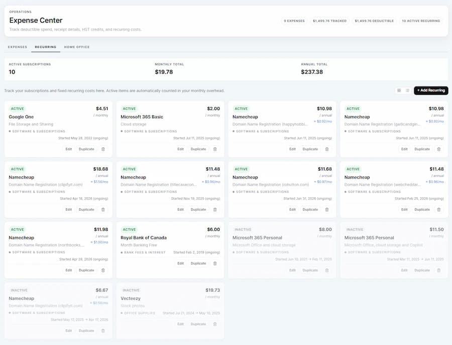 NorthBooks expenses page showing categorized transactions and receipts