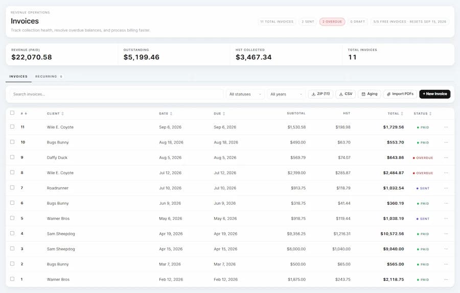 NorthBooks invoicing page showing invoice list and statuses